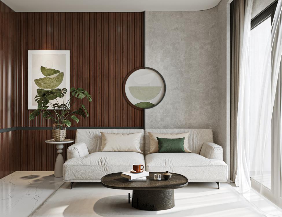 Phòng khách phong cách Wabi Sabi bảng màu trung tính với vách lam gỗ óc chó, sofa trắng và bàn trà đá tròn