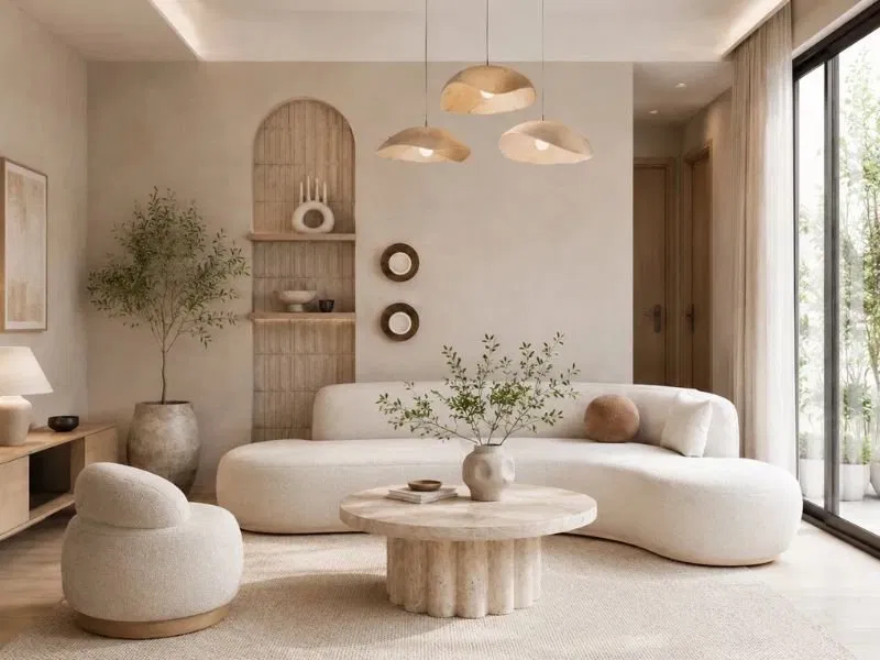 Phòng khách phong cách Wabi Sabi tông be với sofa cong, bàn trà đá tự nhiên và đèn thả mây