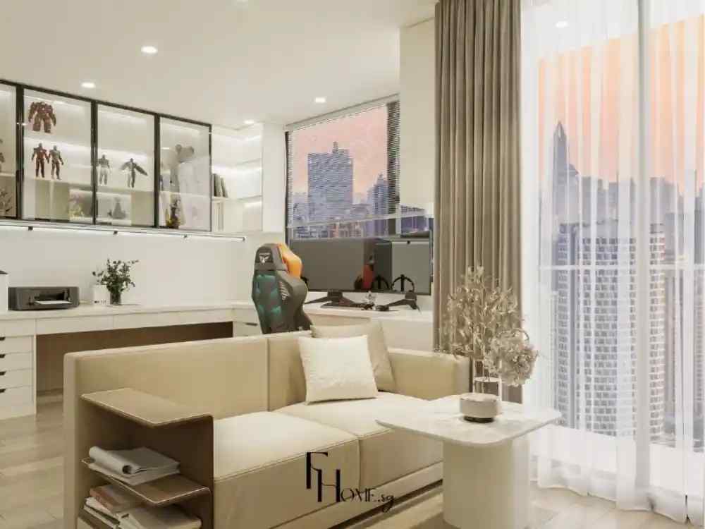 Phòng làm việc hiện đại kết hợp khu thư giãn, có sofa sáng, bàn nhỏ