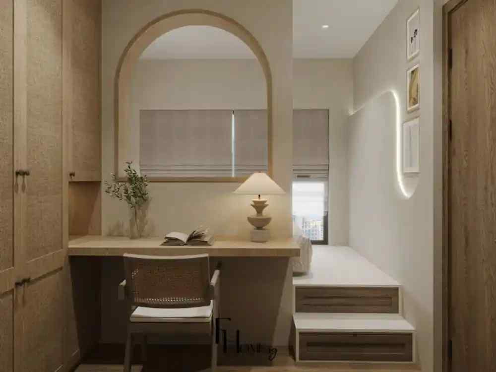 Phòng làm việc liền giường phong cách Wabi Sabi với tông be trầm ấm, bàn gỗ sáng mộc mạc, ghế mây