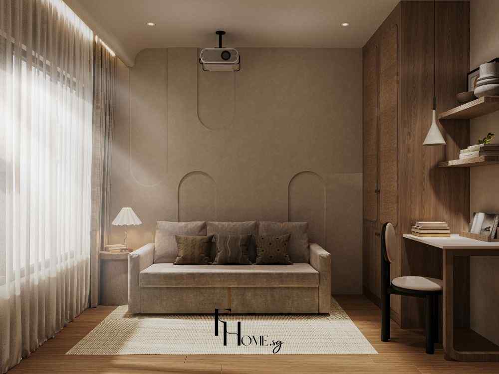 Phòng làm việc nhỏ tông be ấm, sofa xám nhạt, bàn gỗ tích hợp kệ trang trí