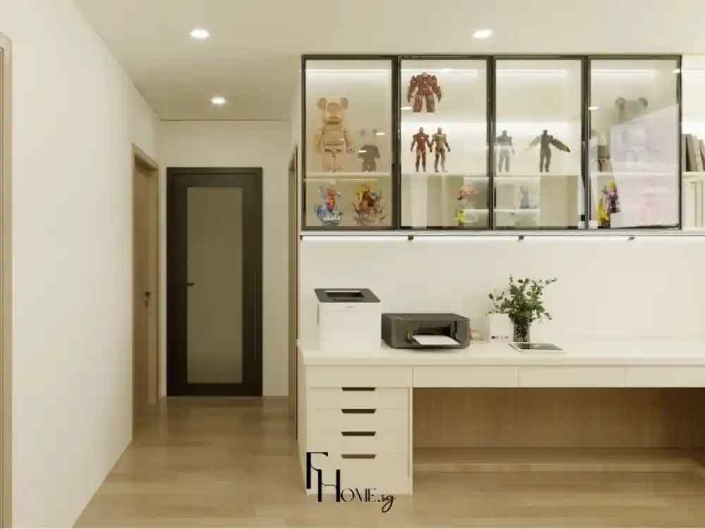 Phòng làm việc phong cách hiện đại với tủ trưng bày mô hình sưu tập, bàn dài tích hợp máy in và cây xanh