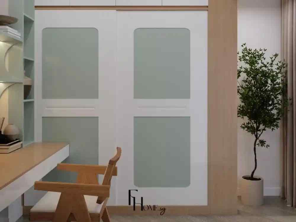 Phòng làm việc phong cách Japandi với gam màu xanh pastel nhẹ nhàng, bàn gỗ tự nhiên và tủ trượt