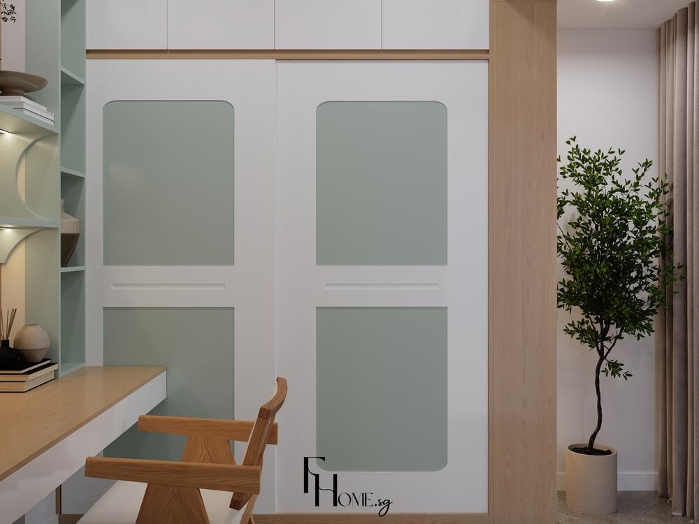 Phòng làm việc phong cách Nhật Bản với tủ cánh trượt màu xanh mint, cửa gỗ sáng