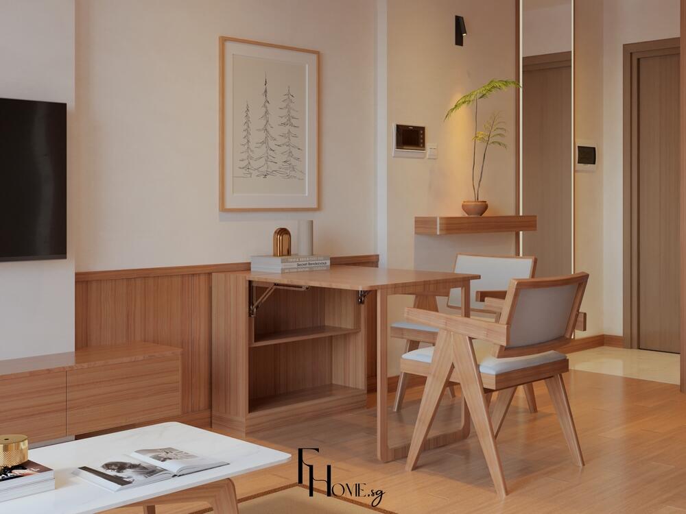Phòng làm việc phong cách Nhật Bản với chất liệu gỗ sáng, bố cục gọn gàng và ánh sáng tự nhiên