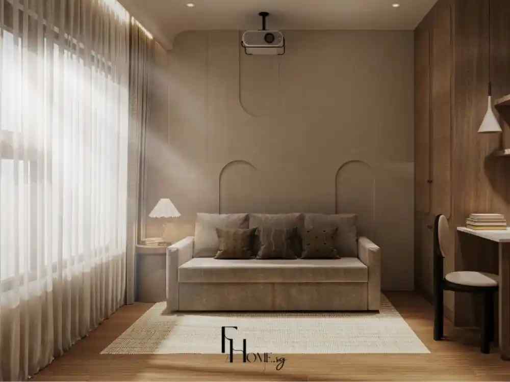 Phòng làm việc phong cách Wabi Sabi với sofa nỉ trung tính, tường vữa thô bo cong, rèm voan, kèm máy chiếu