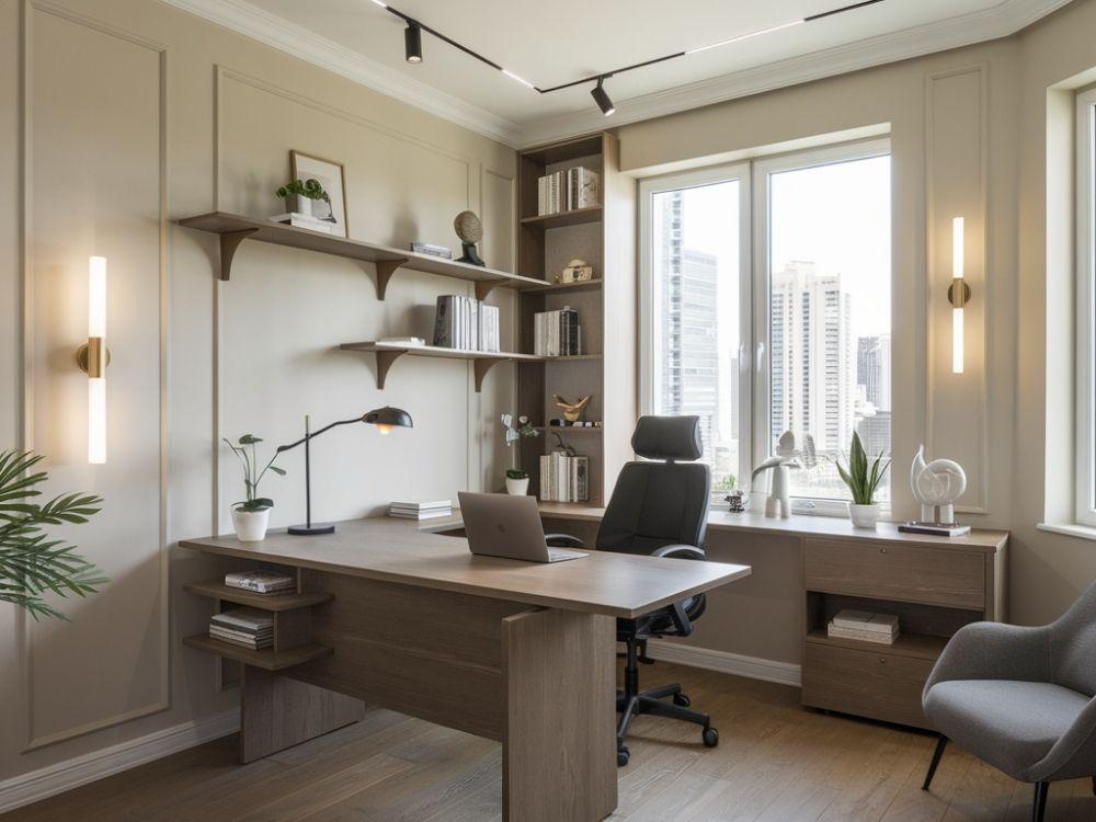 Phòng làm việc hiện đại với bàn gỗ nâu, ghế bọc da và kệ sách gỗ