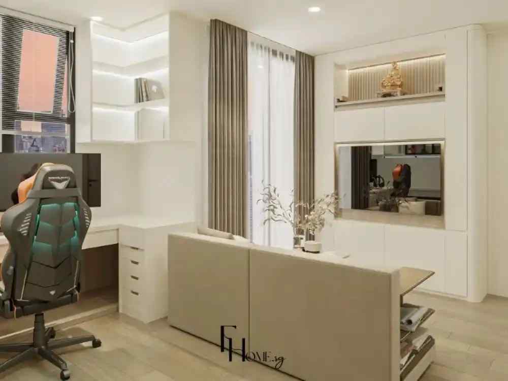 Phòng làm việc với nội thất trắng chủ đạo, bàn làm việc bố trí cạnh cửa sổ