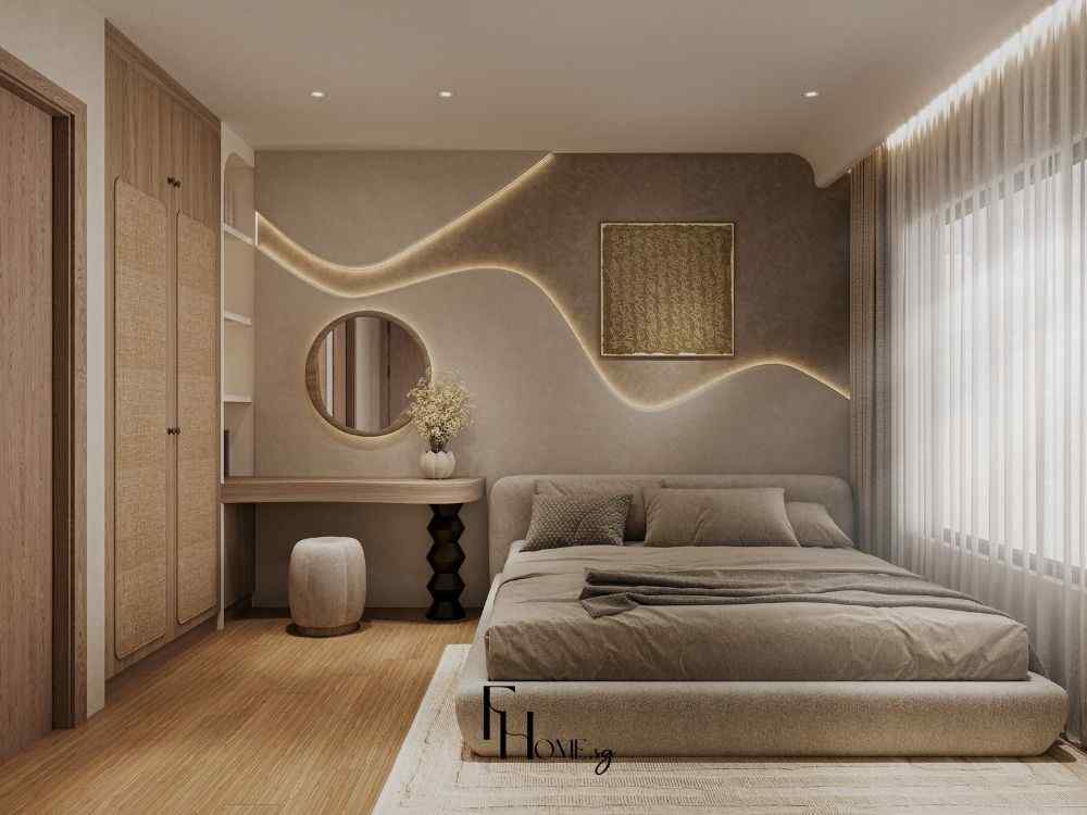 Phòng ngủ ấm áp với giường nệm thấp, ánh sáng hắt tường uốn lượn