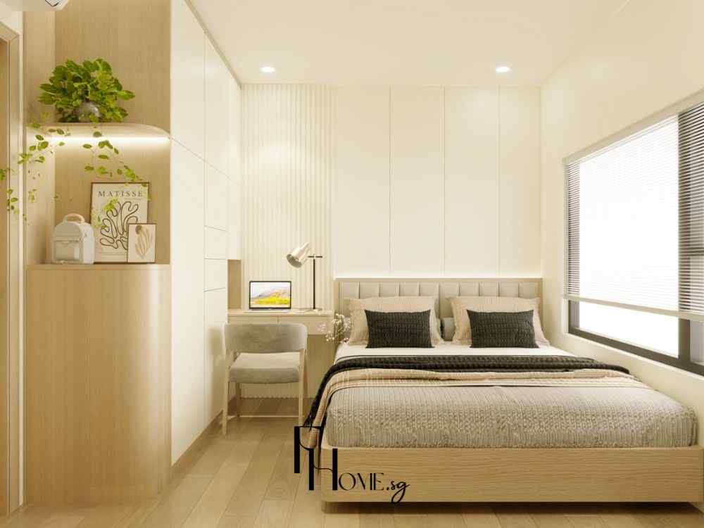 Phòng ngủ ấm áp với nội thất gỗ sáng, giường bọc nệm trung tính