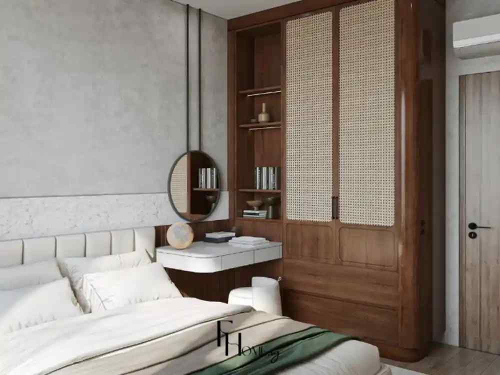 Phòng ngủ ấm cúng với tủ gỗ mây đan, bàn trang điểm nhỏ gọn và giường nệm sáng màu