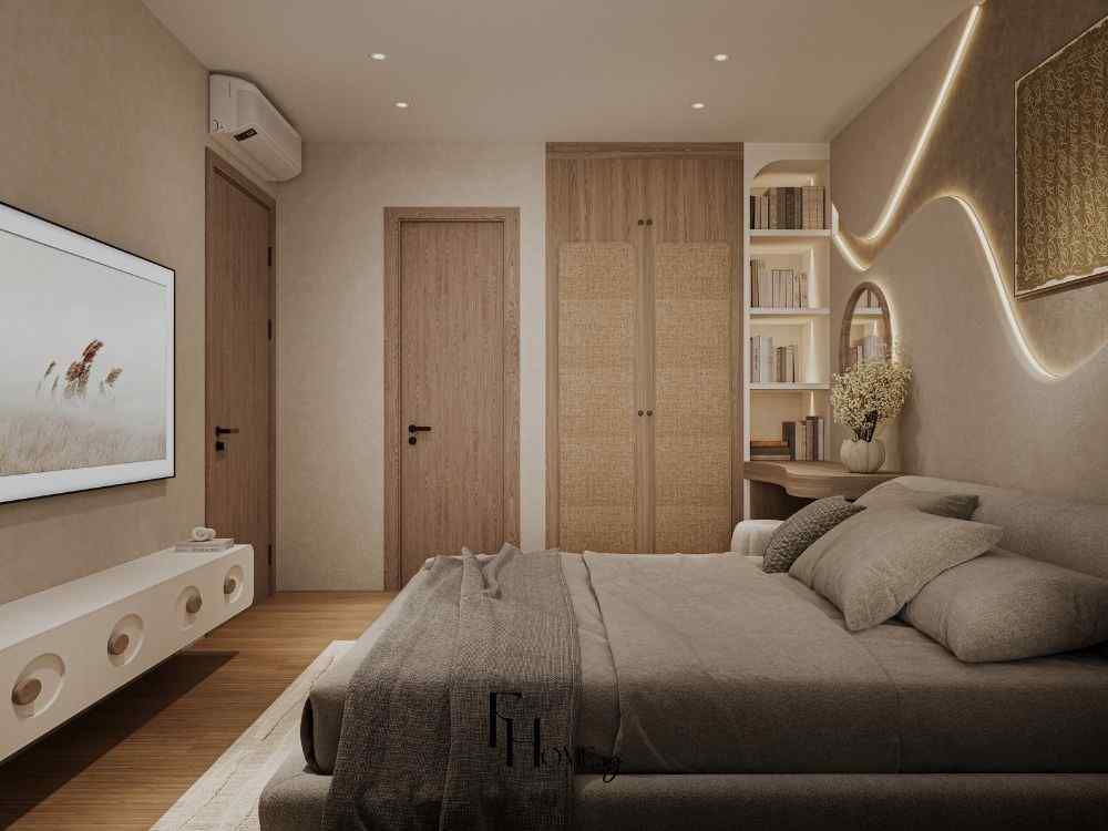 Phòng ngủ ấm cúng với tủ gỗ mây, đèn hắt tường uốn lượn và góc bàn trang điểm