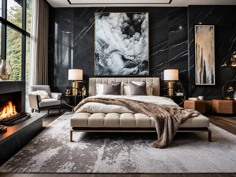 Phòng ngủ phong cách Art Deco có giường bọc nệm sáng đặt trước tường đen treo tranh trừu tượng.