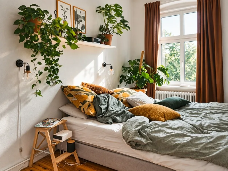 Thiết kế phòng ngủ phong cách Bắc Âu kết hợp chăn ga xanh xám với gối vàng và cây xanh bên cửa sổ.