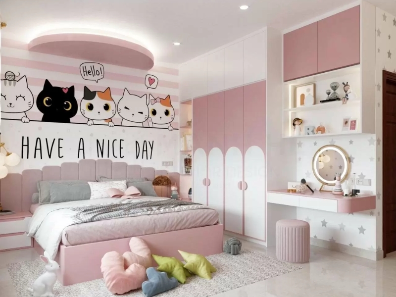 Phòng ngủ bé gái chung cư chủ đề mèo dễ thương tông hồng pastel