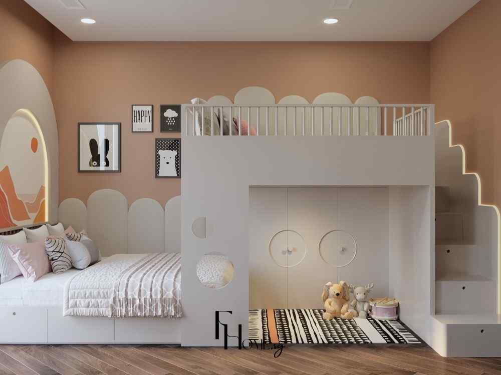 Phòng ngủ bé phong cách hiện đại với giường tầng trắng tích hợp tủ và cầu thang