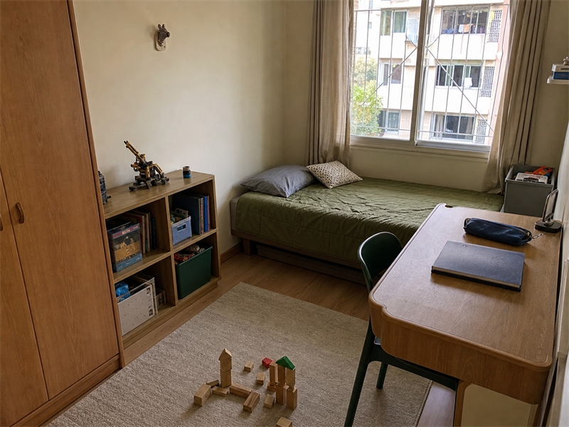 Phòng ngủ bé trai tông xanh olive có bàn học và kệ đồ chơi 