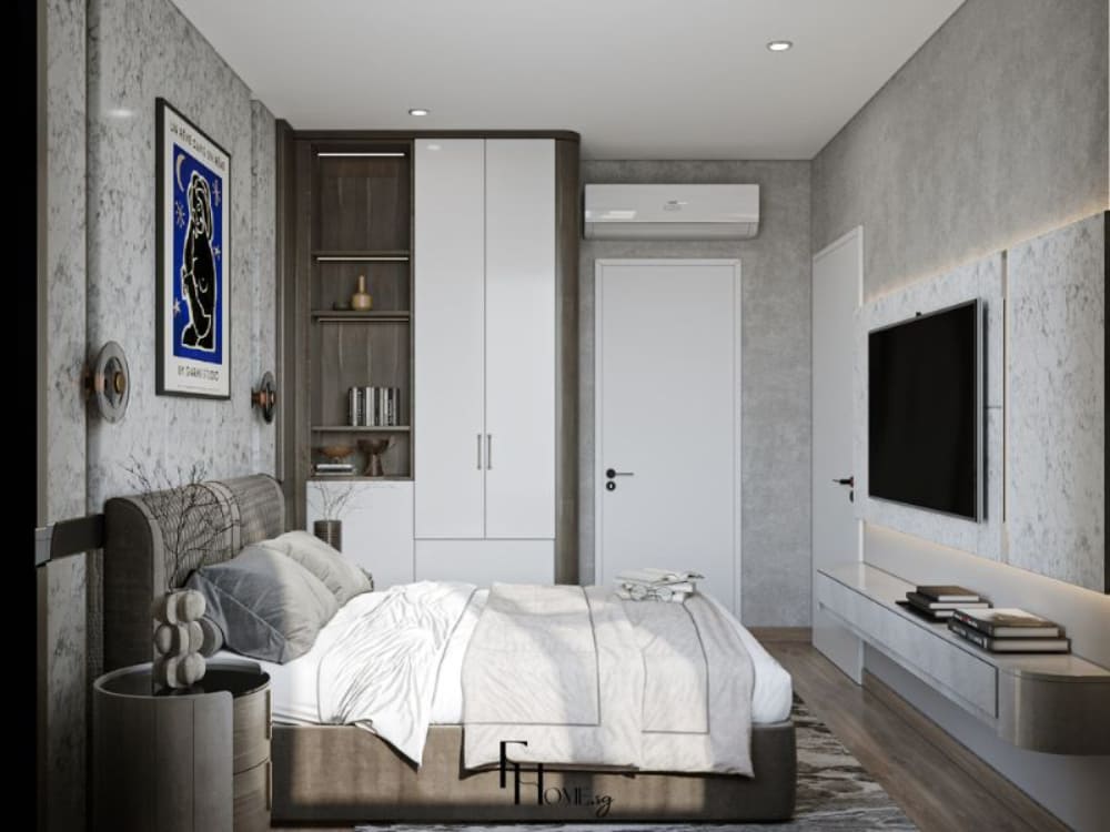 Phòng ngủ căn hộ 50m2 với giường đôi đối diện tivi treo tường, nội thất bố trí khoa học cùng gam màu trung tính