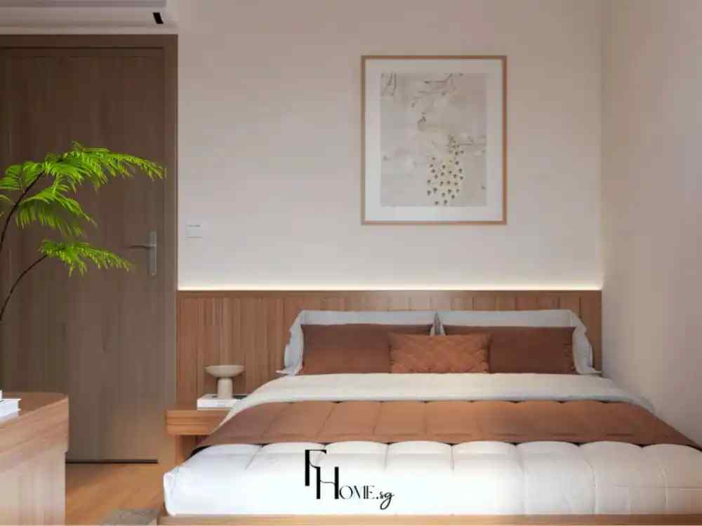 Phòng ngủ căn hộ 55m² với giường gỗ thấp, đầu giường ốp gỗ, tường treo một bức tranh nghệ thuật