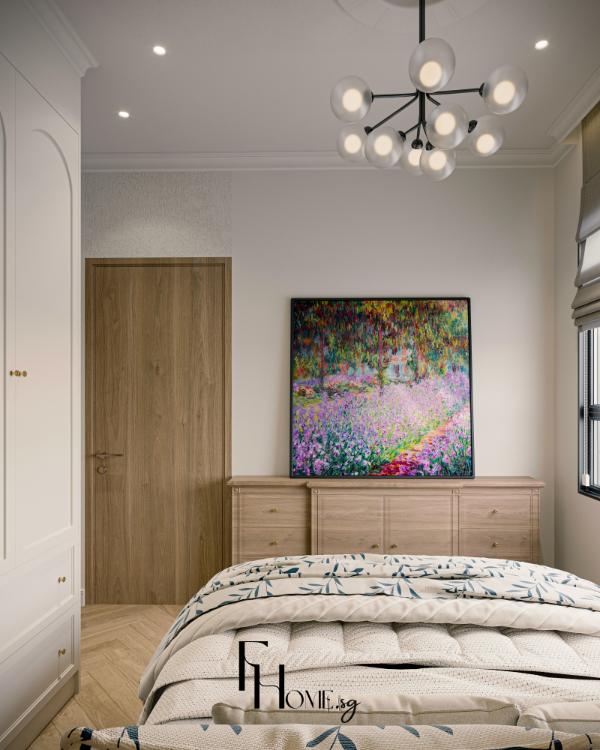 Phòng ngủ căn hộ Vinhomes Grand Park 70m2 với đèn chùm và tranh treo tường