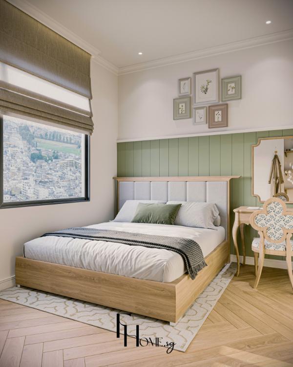 Phòng ngủ căn hộ Vinhomes Grand Park 70m2 với mảng tường xanh và khung ảnh