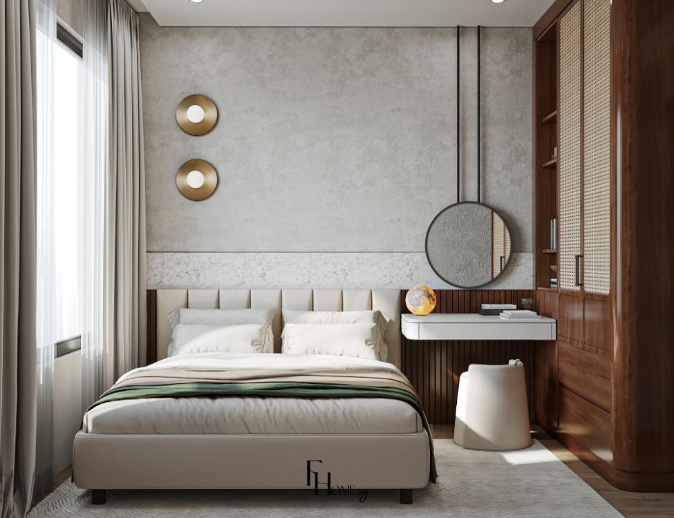 Phòng ngủ căn hộ phong cách Wabi Sabi tông trầm với tường vi xi măng, tủ gỗ óc chó và bàn trang điểm treo