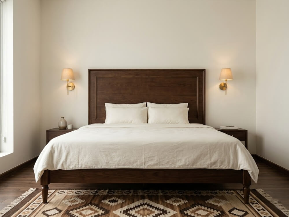 Phòng ngủ chính chung cư 77m2 phong cách Indochine đầu giường ốp gỗ nâu đậm đèn tường đồng thau thảm hoa văn