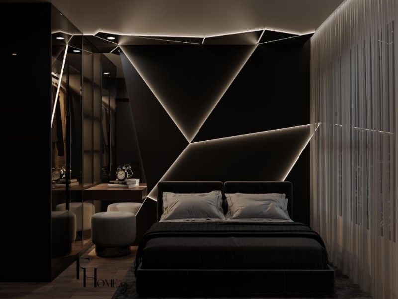Phòng ngủ chính chung cư 3 phòng ngủ 100m2 phong cách luxury với tường đen, đèn LED hình học