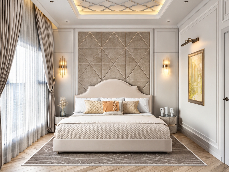 Phòng ngủ chính chung cư 3 phòng ngủ tân cổ điển với giường be, vách trang trí và đèn chùm