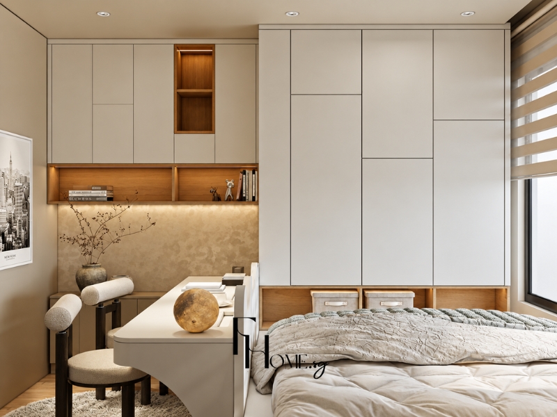 Phòng ngủ chính phong cách Wabi Sabi với tủ âm tường, bàn làm việc và gam màu trung tính
