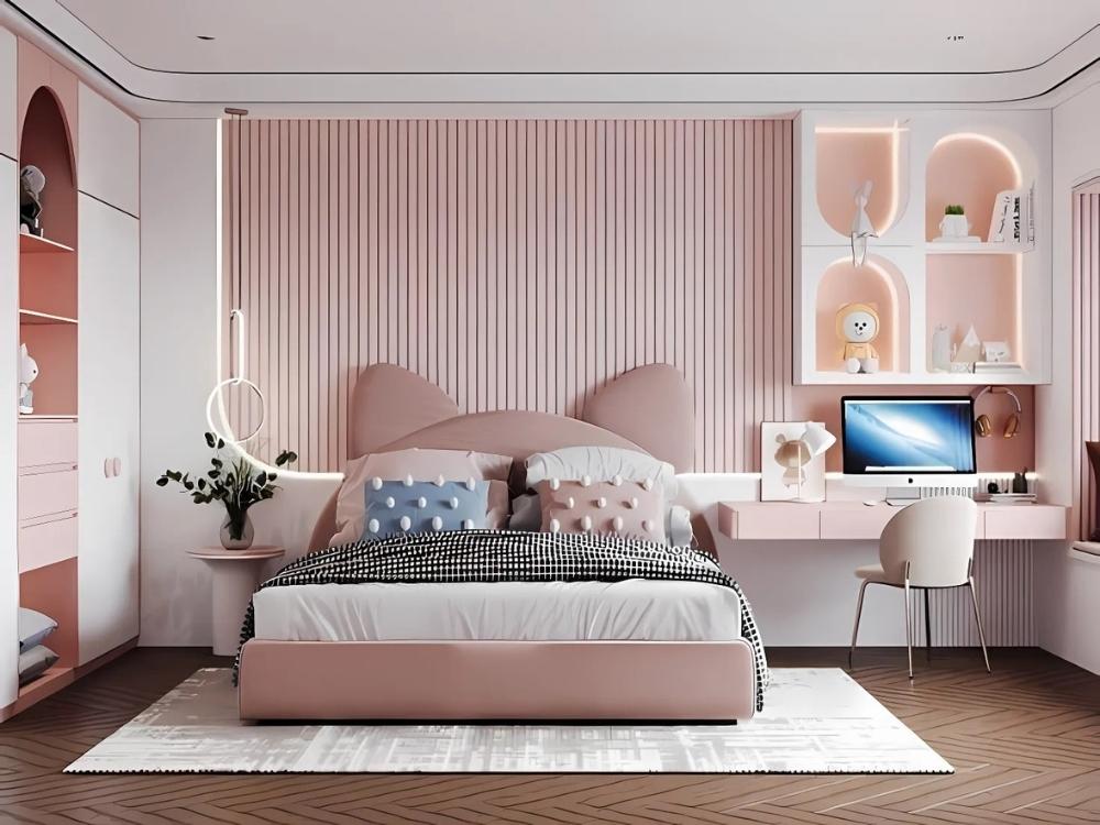 Phòng ngủ bé gái với giường công chúa, tủ quần áo đa năng và trang trí hoa, bướm tạo không gian mơ mộng và ngọt ngào.