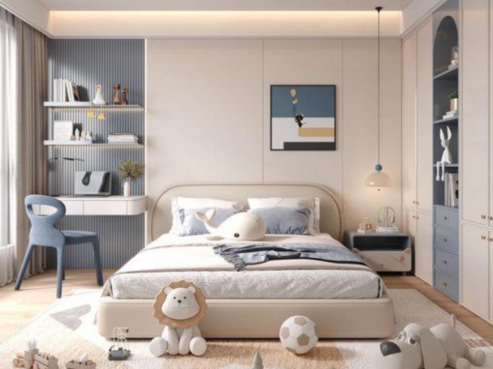 Phòng ngủ bé trai với chủ đề du hành vũ trụ, bức tranh hành tinh và giường ngủ tạo không gian khám phá thú vị.