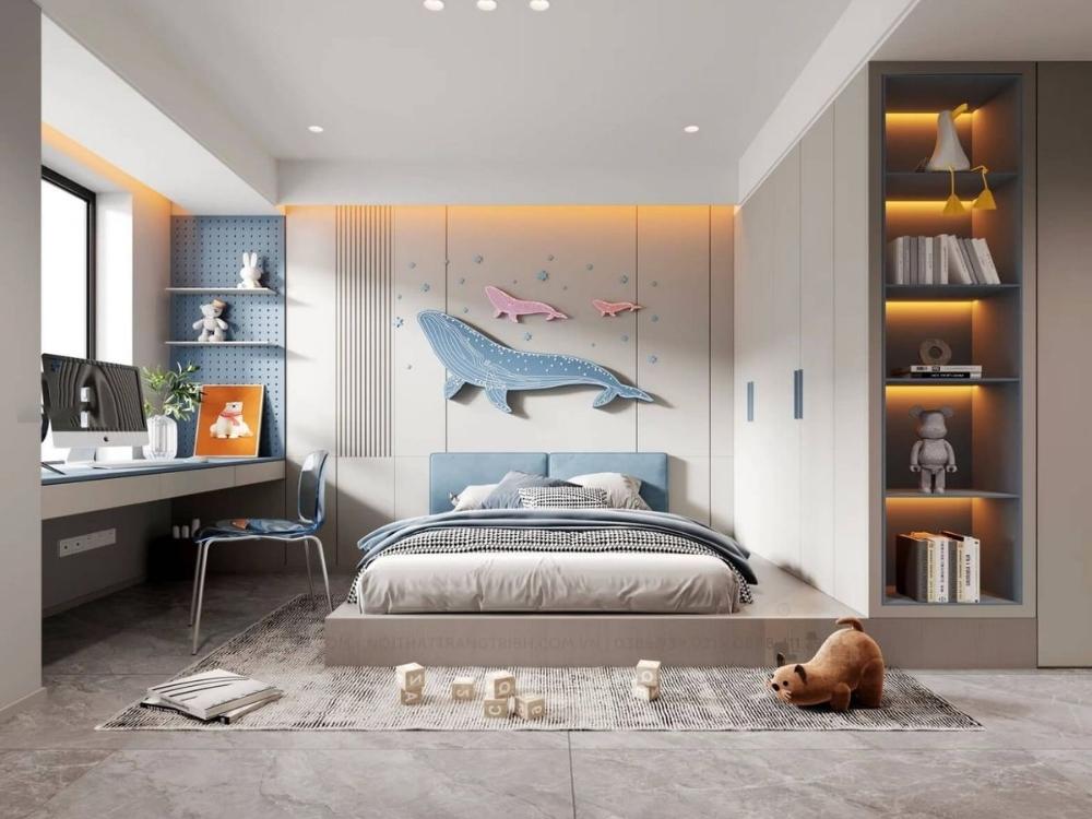 Phòng ngủ bé trai với chủ đề đại dương, bức tranh tường hình sóng biển tạo không gian sáng tạo và an toàn.