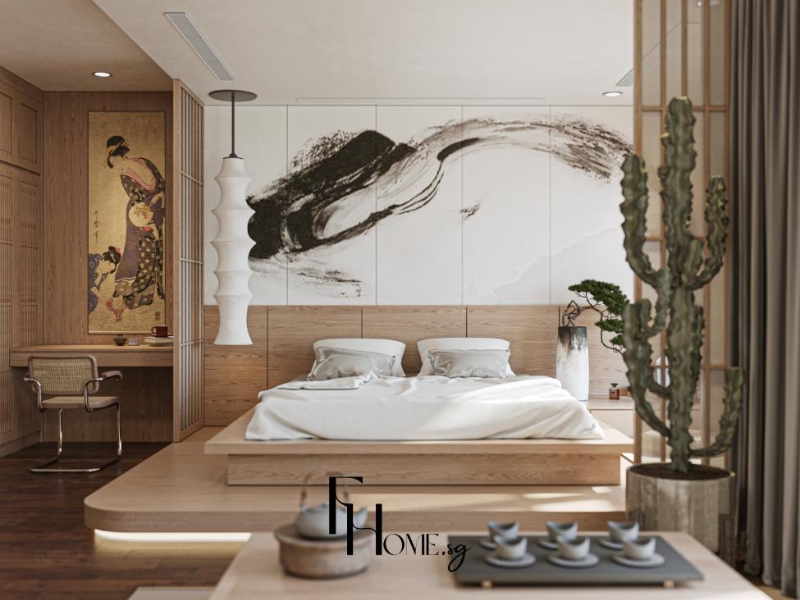 Phòng ngủ chung cư 3 phòng ngủ phong cách Japandi với giường gỗ, tranh thư pháp và cây xương rồng