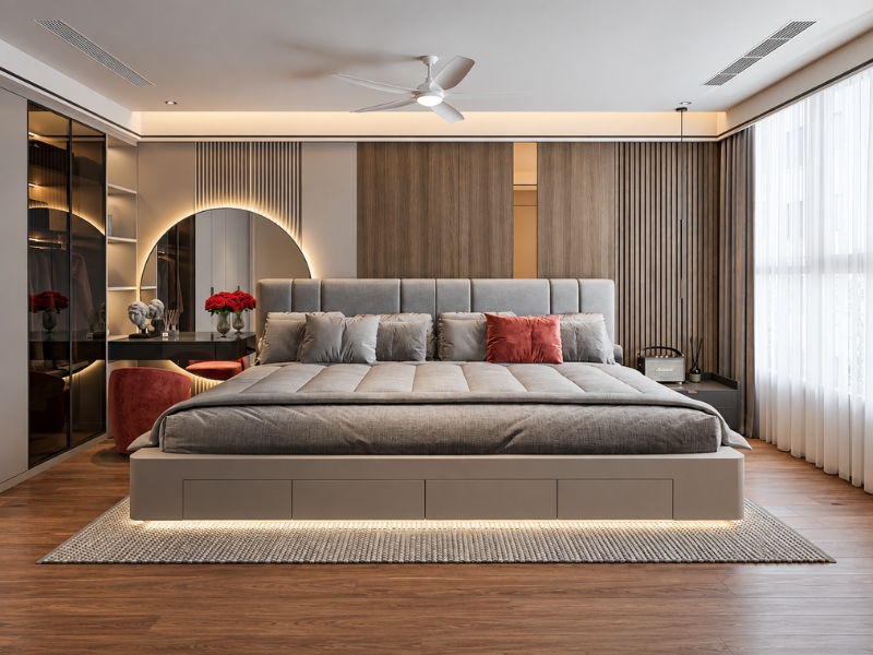 Phòng ngủ căn hộ chung cư 3 phòng ngủ phong cách luxury với giường lớn, tủ kính và bàn trang điểm