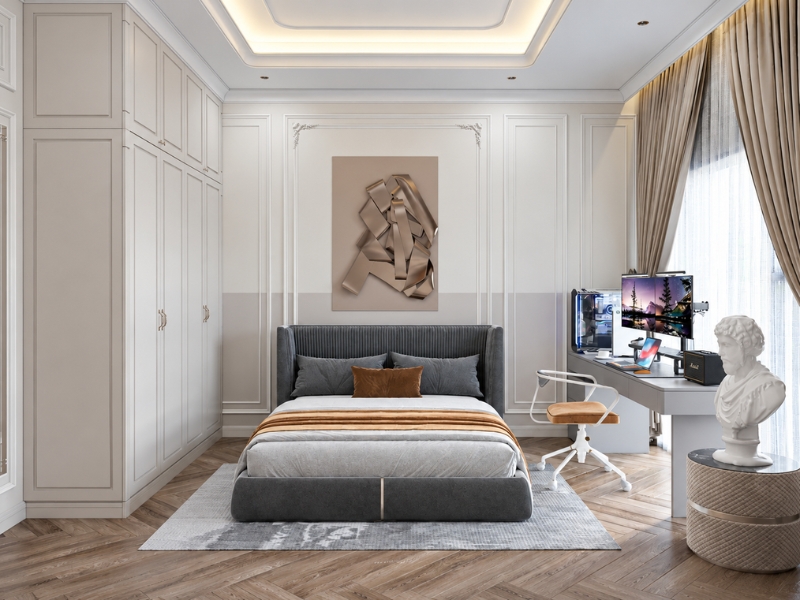Phòng ngủ chung cư 3 phòng ngủ tân cổ điển với giường xám, tủ âm tường, bàn làm việc