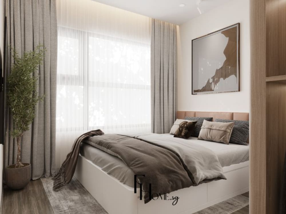Phòng ngủ chung cư 50m² với giường đặt cạnh cửa sổ lớn, rèm xám nhạt và trắng