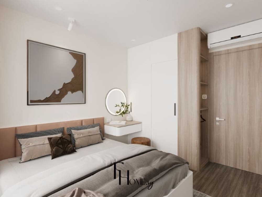 Phòng ngủ chung cư 50m² với tông trắng, be và gỗ sáng, giường bọc nệm nâu nhạt, chăn ga xám kem