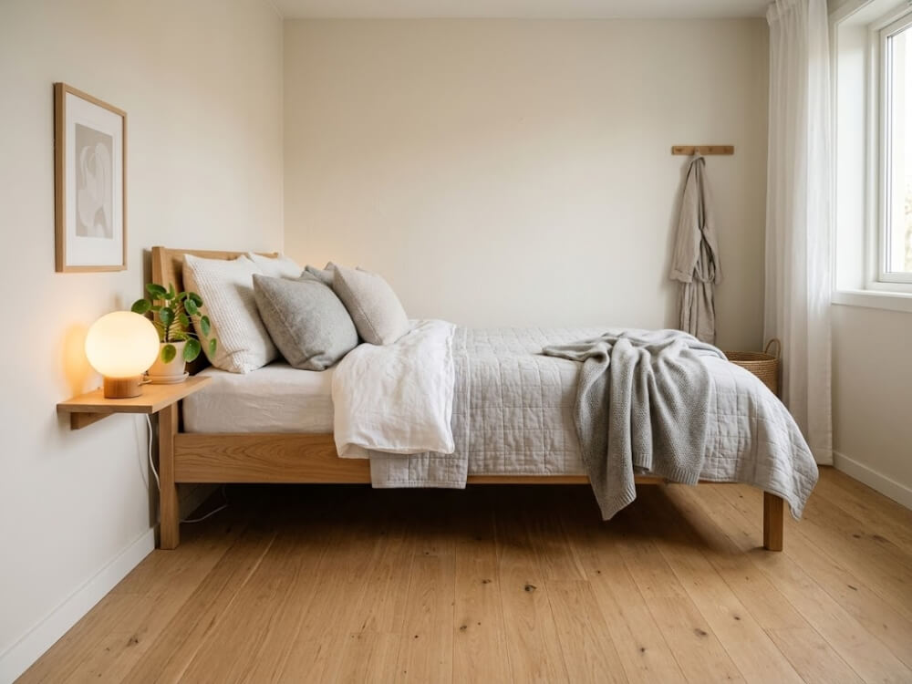 Phòng ngủ chung cư 55m2 phong cách Scandinavian với giường gỗ sáng, ga nệm trắng xám và đèn đầu giường tròn