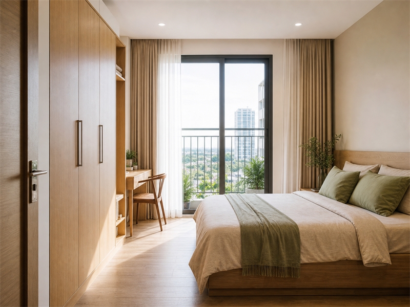 Thiết kế phòng ngủ chung cư có ban công và bàn làm việc 