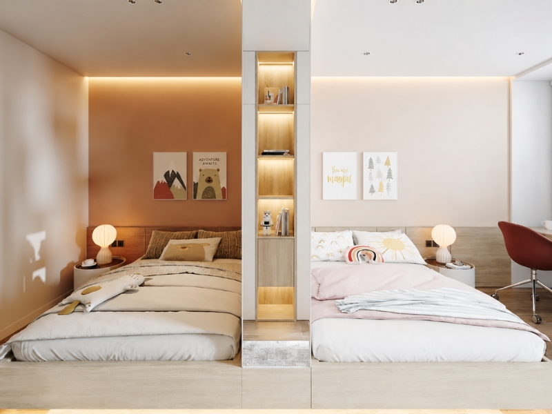 Phòng ngủ chung cư hai giường có vách ngăn kết hợp kệ trang trí