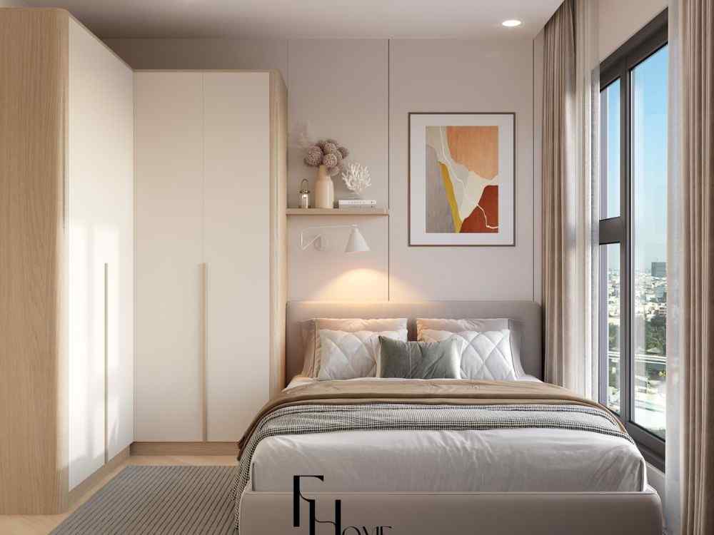 Phòng ngủ chung cư phong cách Minimalism với giường đơn giản tông be sáng, tủ quần áo gỗ sáng