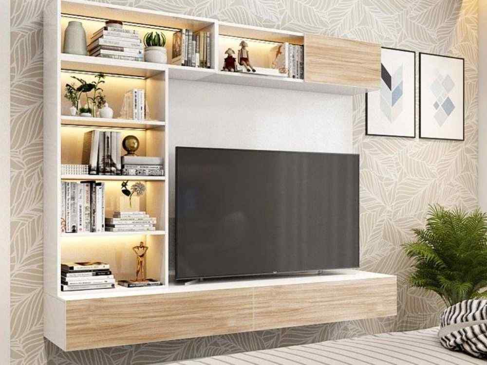 Phòng ngủ có kệ TV giúp không gian giải trí gọn gàng và thẩm mỹ