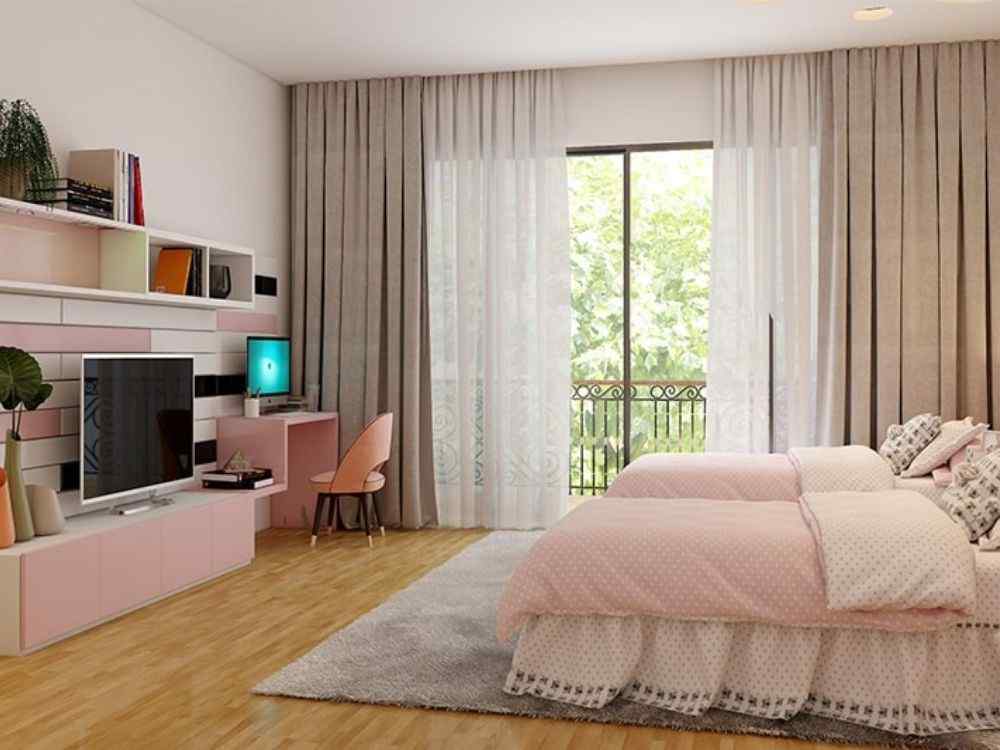 Phòng ngủ đôi bé gái hiện đại, tông hồng nhạt với rèm voan trắng và bàn học cạnh cửa sổ