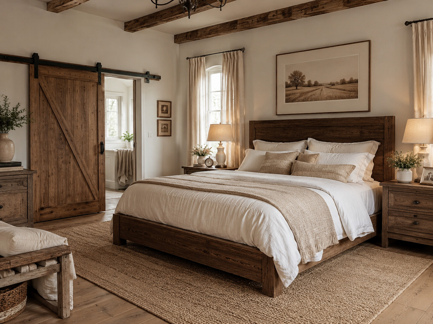 Phòng ngủ phong cách Farmhouse với cửa lùa gỗ và cây xanh
