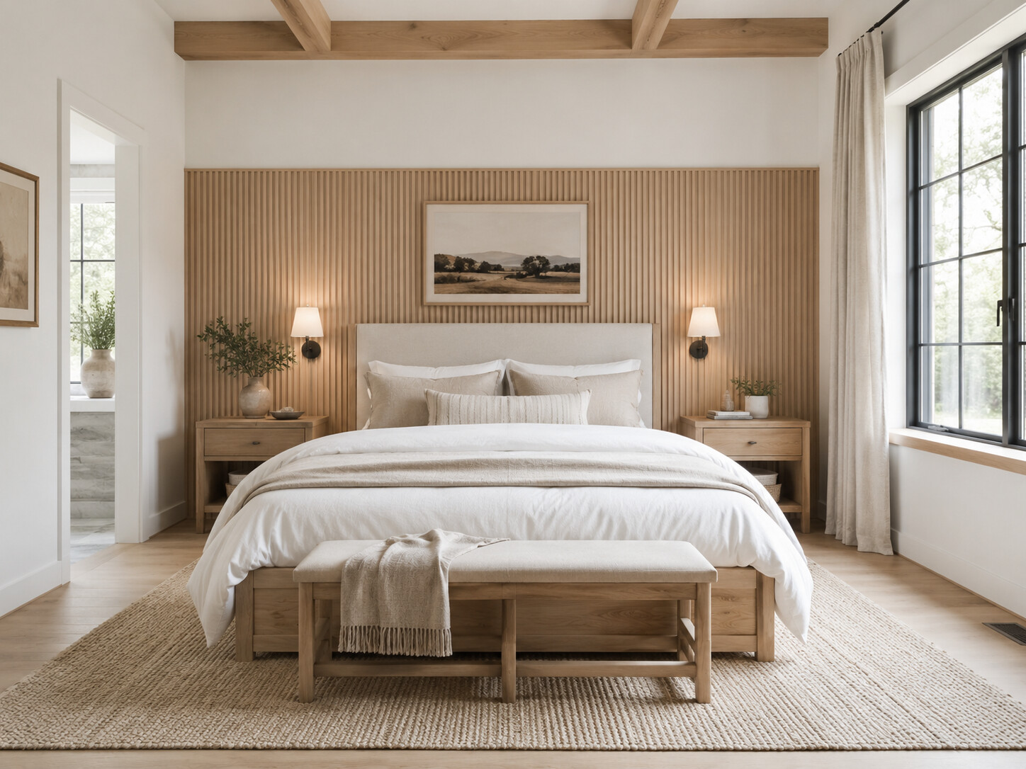 Phòng ngủ Farmhouse với đầu giường ốp gỗ bên cửa sổ
