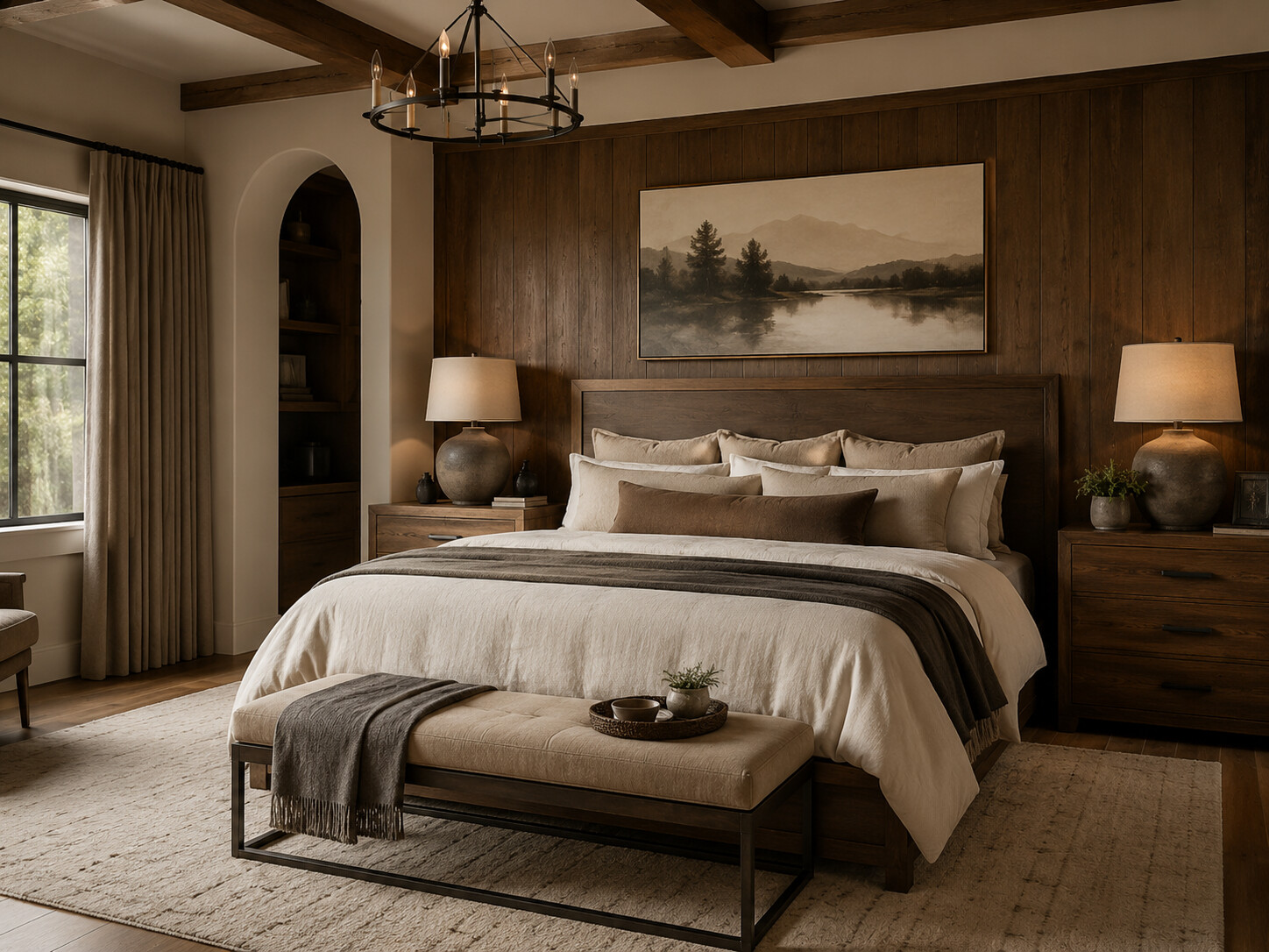 Phòng ngủ Farmhouse với ghế băng cuối giường và đèn chùm