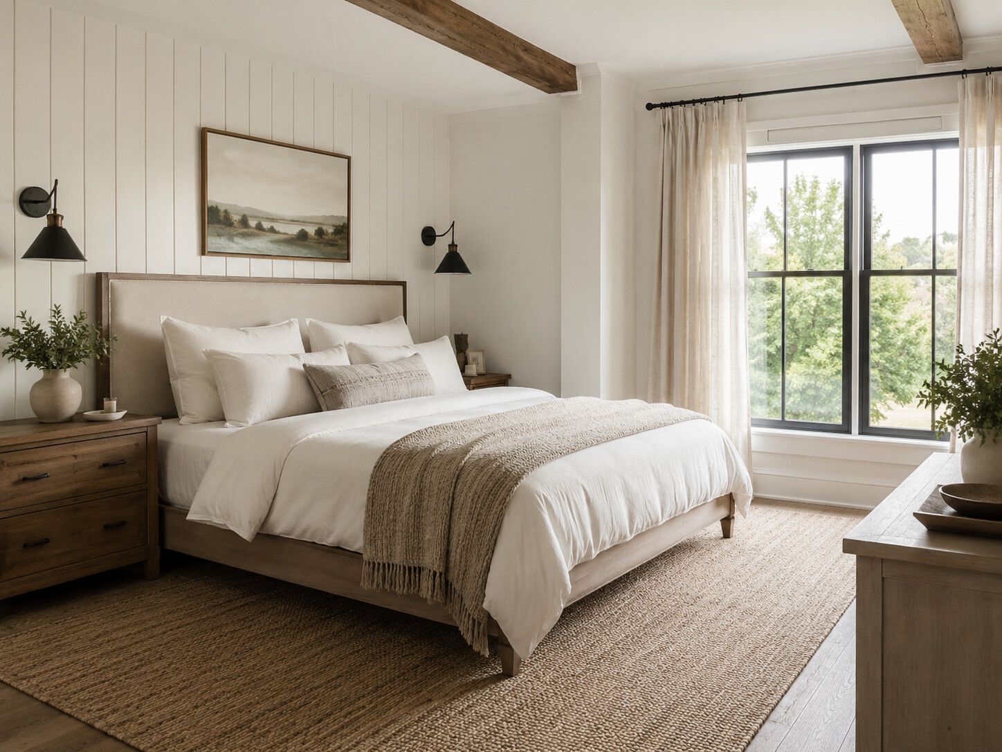 Phòng ngủ Farmhouse với giường gỗ, tab đầu giường và đèn ngủ