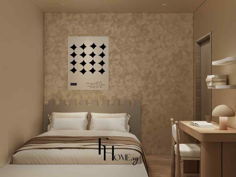 Phòng ngủ Farmhouse tông nâu ấm, tường hiệu ứng sơn loang, giường thấp