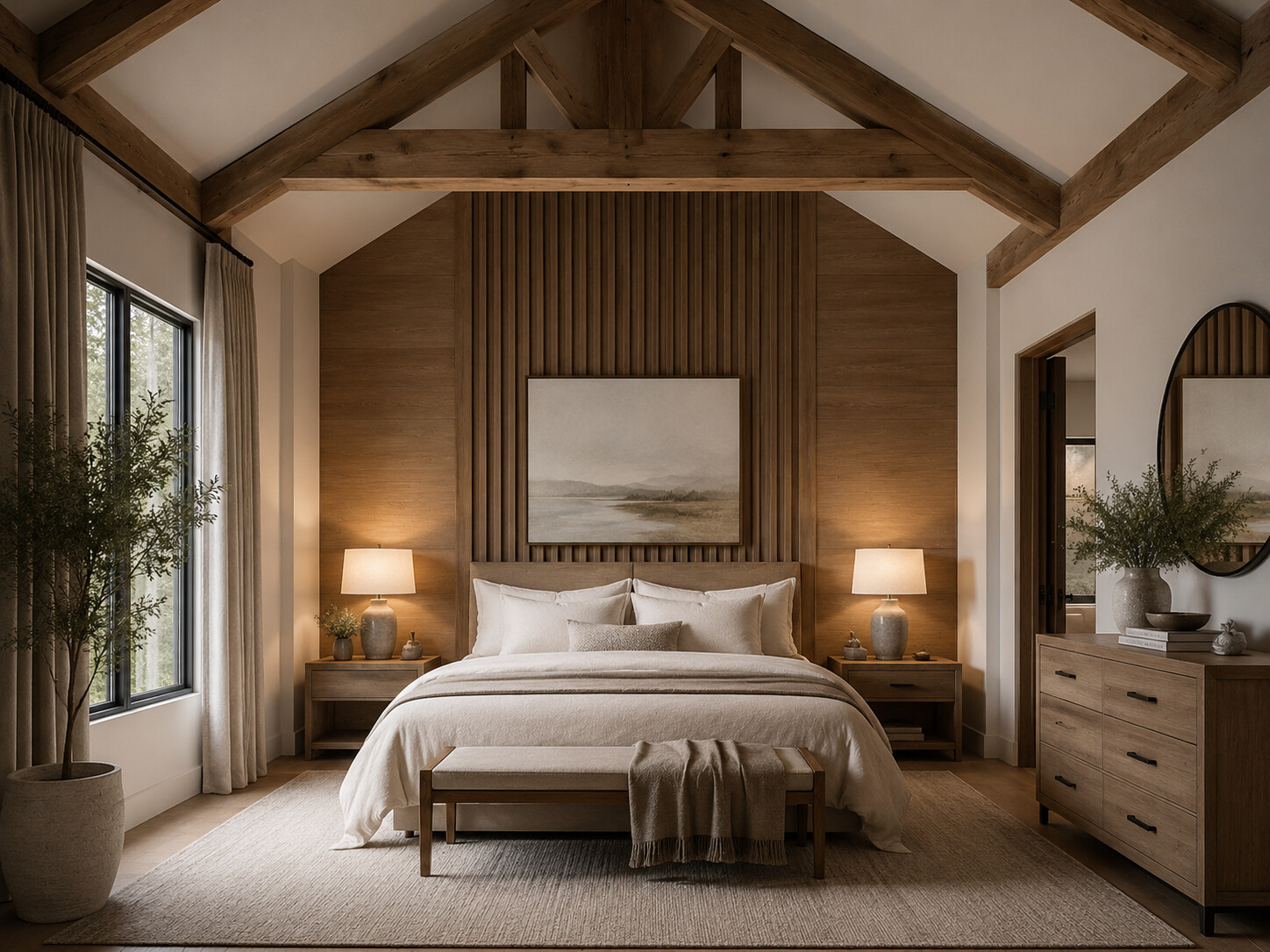 Phòng ngủ Farmhouse với tranh treo tường và đầu giường gỗ nan